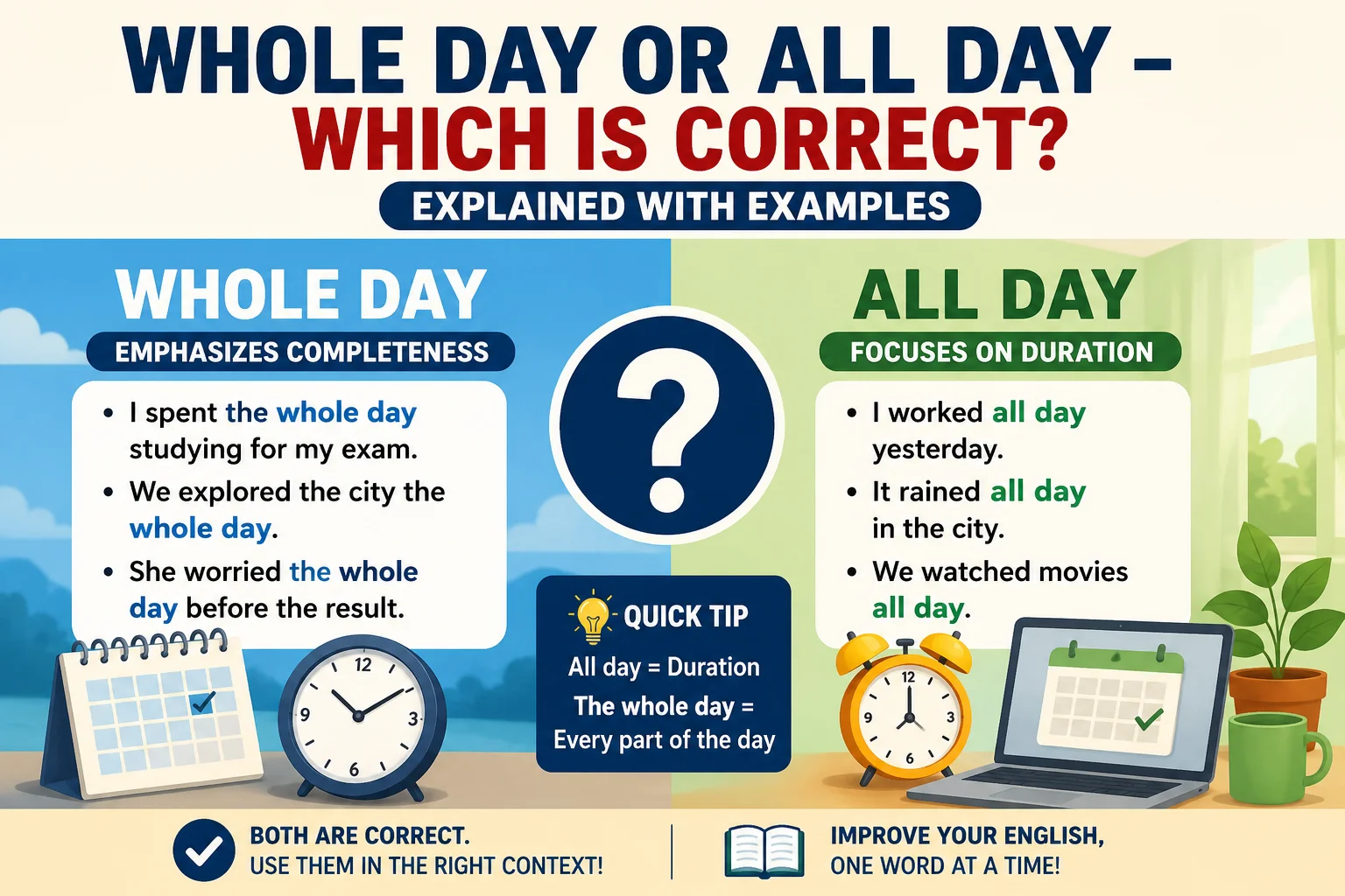 Whole Day or All Day – Which Is Correct? (With Examples)